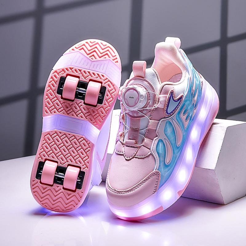 28-37 Children's Four-wheel Disassembly Into Flat Sports Shoes LED Illuminated Children's Illuminated Sports Shoes