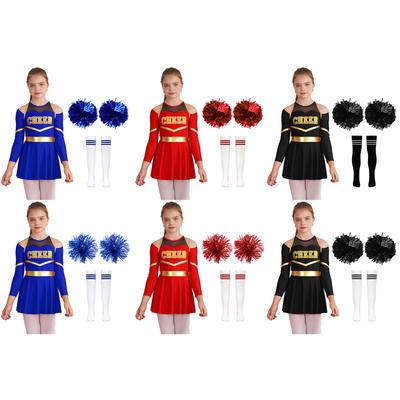 Cheerleading-Tanzkostüm für Kinder, Mädchen, langärmliges schulterfreies Kleid mit Blumenbällen und Socken