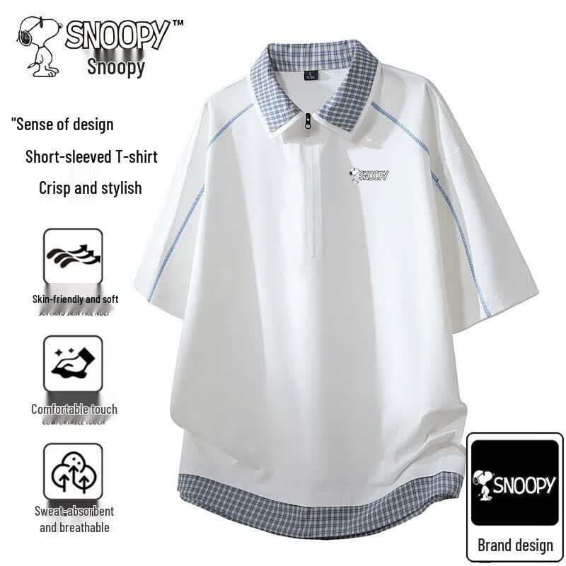 Snoopy Men s Plaid Lapel Half-Zip Short Sleeve T-Shirt 2XL белый
