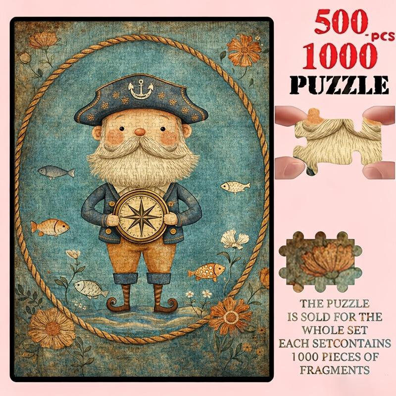 500/1000pcs Puzzle Game (White Beard Old Captain Holding Compass Standing in Tide Room Surrounding Fish Flowers) Suitable for Living Room Decoration,