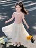 Girls' Summer Patchwork Bow Skirt Set: Trendy Short Sleeve Outfit for Medium and Large Kids