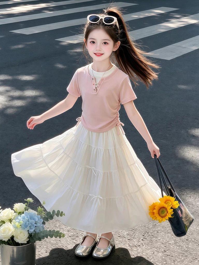 Girls' Summer Patchwork Bow Skirt Set: Trendy Short Sleeve Outfit for Medium and Large Kids