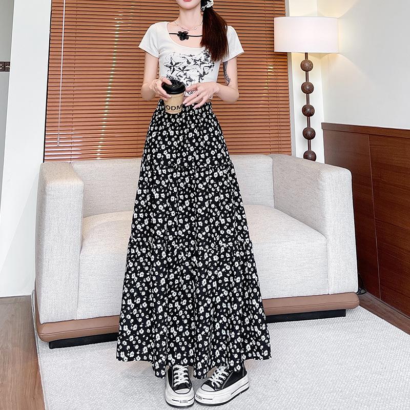 

Black Floral Skirt for Women, Long New Spring and Summer Slim and Versatile Small Elastic Waist A-line Skirt XL чёрный