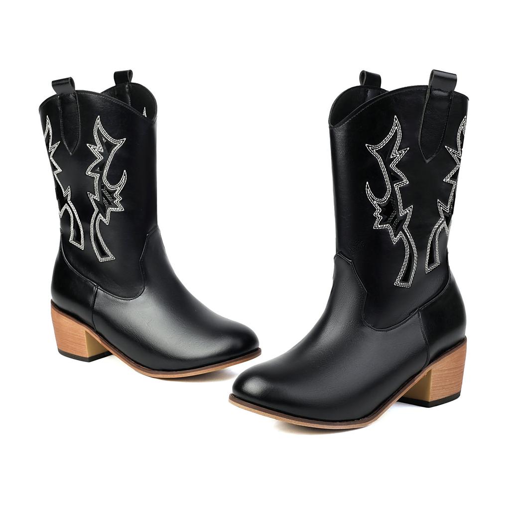 Women Summer Embroidery Western Boots Cowgirls Ankle Boots Hollow Out Chunky Heels Shoes