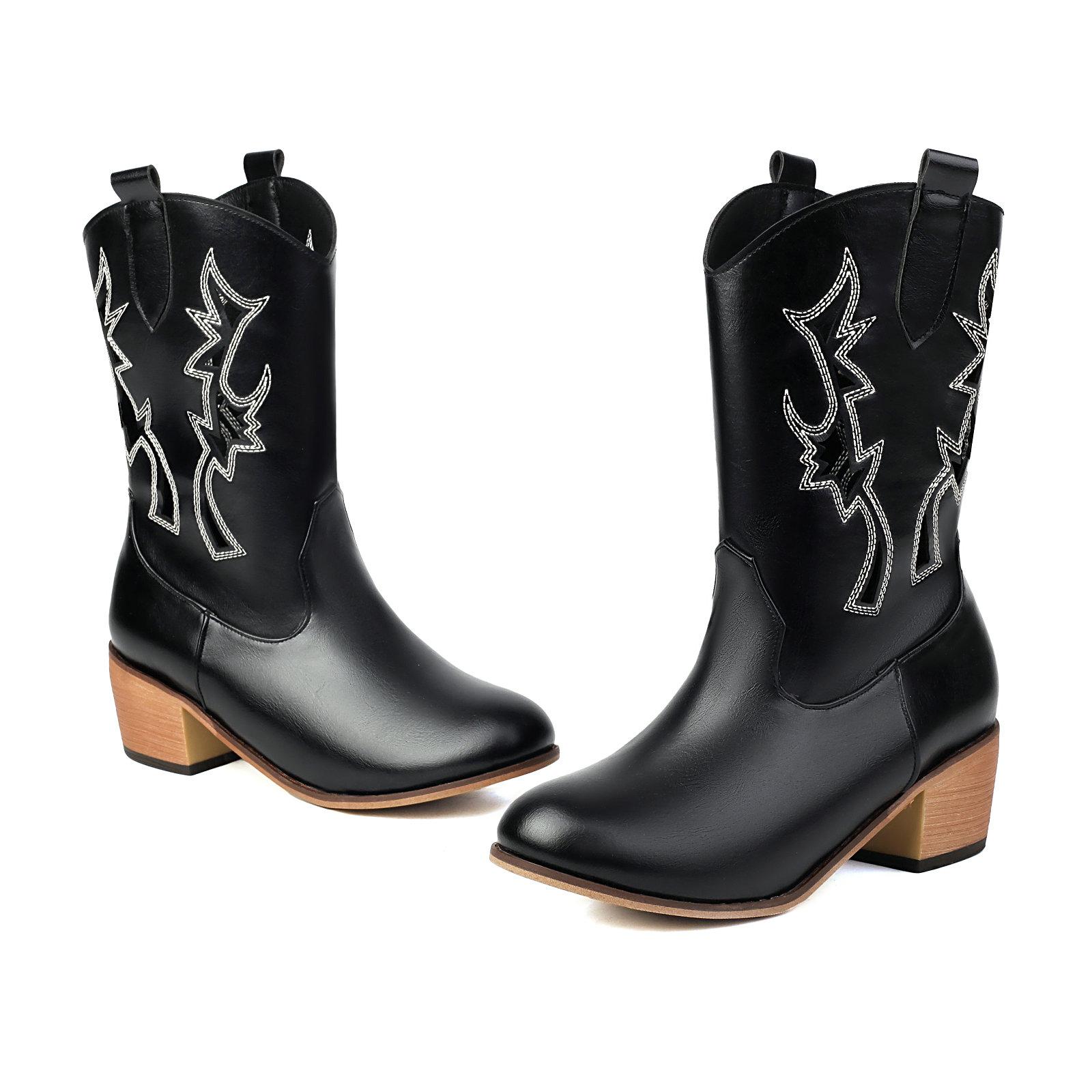 

Women Summer Embroidery Western Boots Cowgirls Ankle Boots Hollow Out Chunky Heels Shoes 34 чёрный
