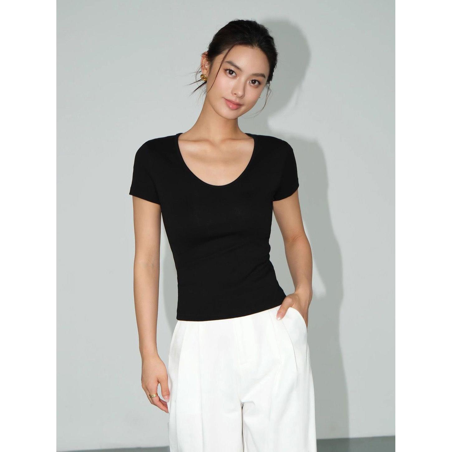 

Korean front shoulder U-neck short-sleeved T-shirt women s summer new inner fit slim and thin bottom white top 2XL
