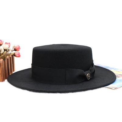 Black Flat Top Flat Edge Retro Wool Top Hat Women's Winter Versatile Warm French British New Woolen Hat Felt Hat