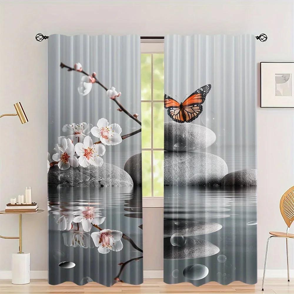 3D 2Panel Chinese Curtain Flower Bird Ink Painting Curtain for Bedroom Living Room Floor-to-ceiling Window Kitchen Blinds W500*H