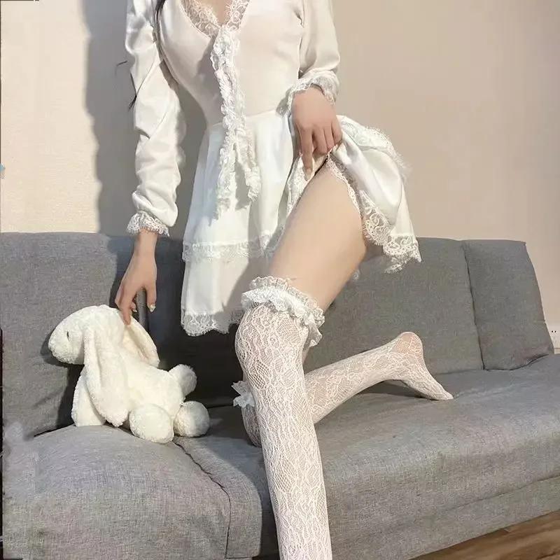 New Lolita Long Tube White Lace Mesh Female Over-knee High-tube Thigh Middle-tube Calf Socks Thin Section Jk Black And White
