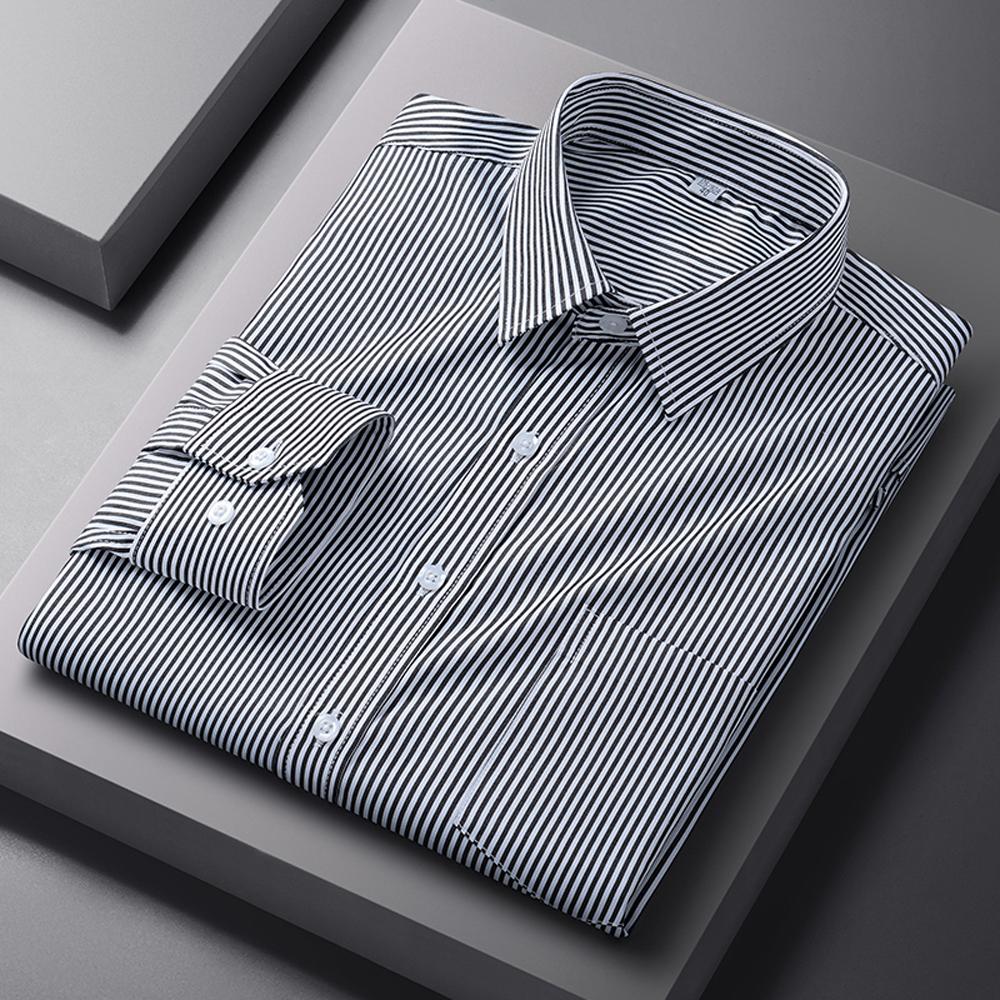 Men's Spread Collar Long Sleeve Striped Dress Shirt with Chest Pocket - Classic Business Formal for Office & Professional Wear