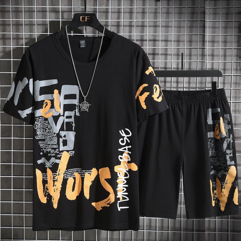 Summer Short-sleeved Not Hooded Black Casual Shorts Thin Sports Suit Fat Round Neck Plus Size