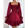 Women European Style Square Neck Ruffle Hem Long Sleeve Loose Casual Dress