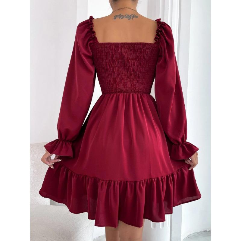 Women European Style Square Neck Ruffle Hem Long Sleeve Loose Casual Dress