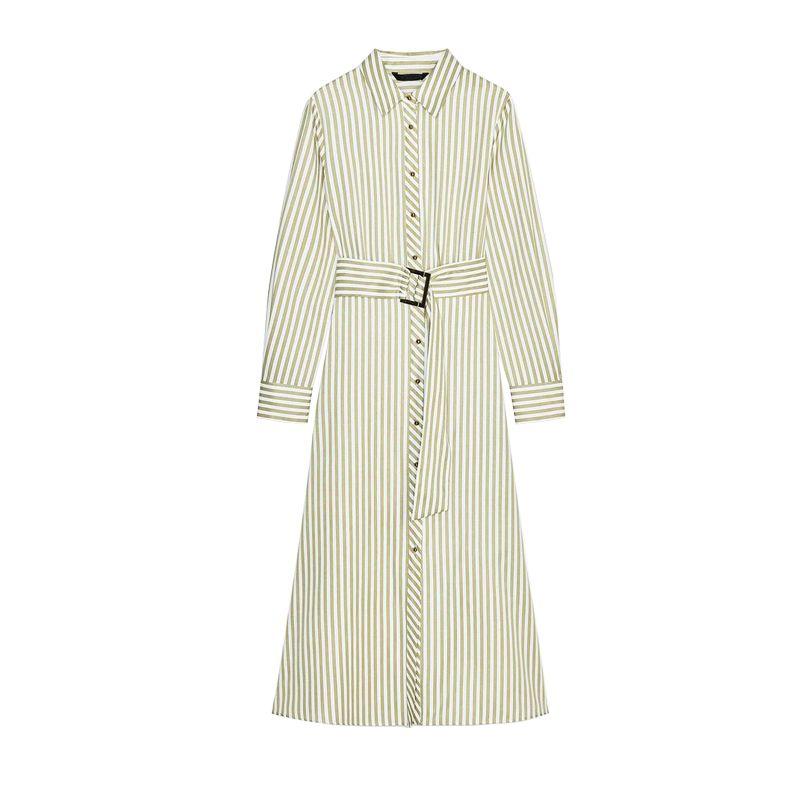 Spring and Summer New Women's Clothing Lapel Long Sleeves Shirt Style with Belt Stripes Midi Skirt Dress 2777831