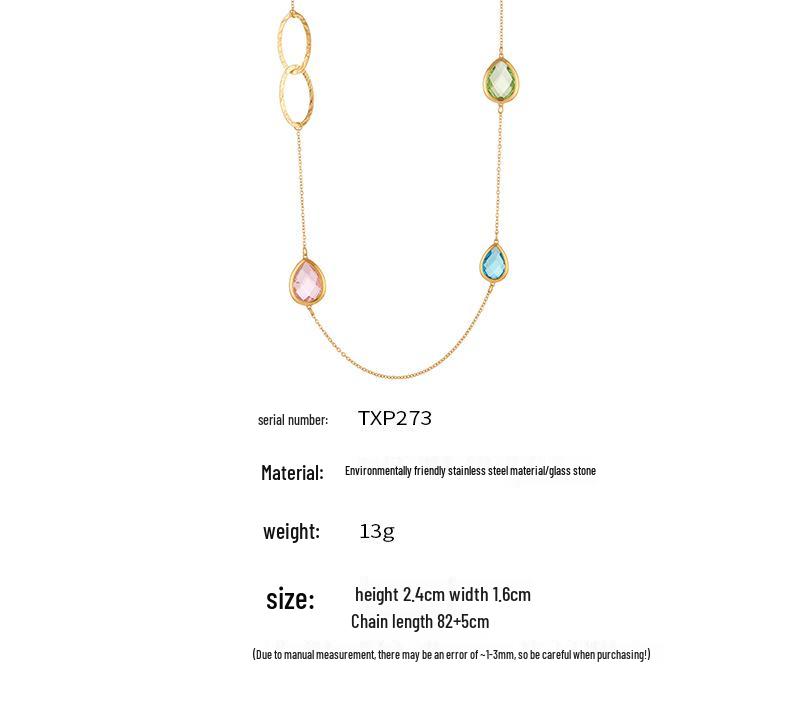 European & American Water Drop Glass Stone Long Sweater Necklace with Hollow Round Ring in Non-Fading Titanium Steel