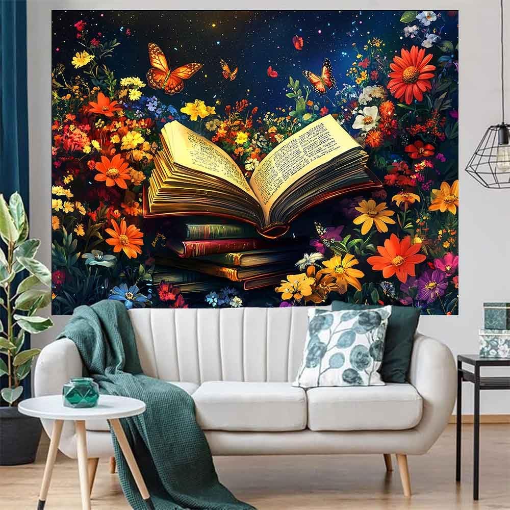 Enchanted Book Tapestry, Calming Wall Art with Open Book, Colorful Flowers & Butterflies, Ideal for Home & Reading Nook
