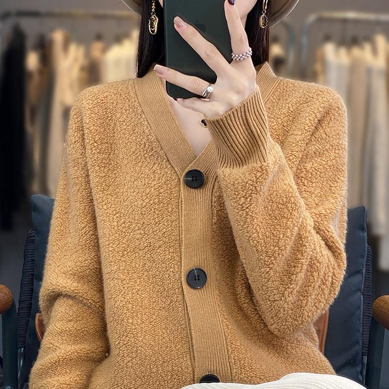 Women's Korean Style 100% Wool V-Neck Cardigan - Loose, Fashionable, Slimming Sweater