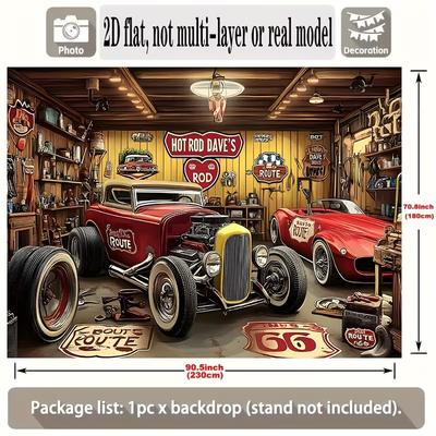 Toile de fond 2D pour garage Hot Rod pour hommes - Arrière-plan de photomaton sur le thème de la Route 66