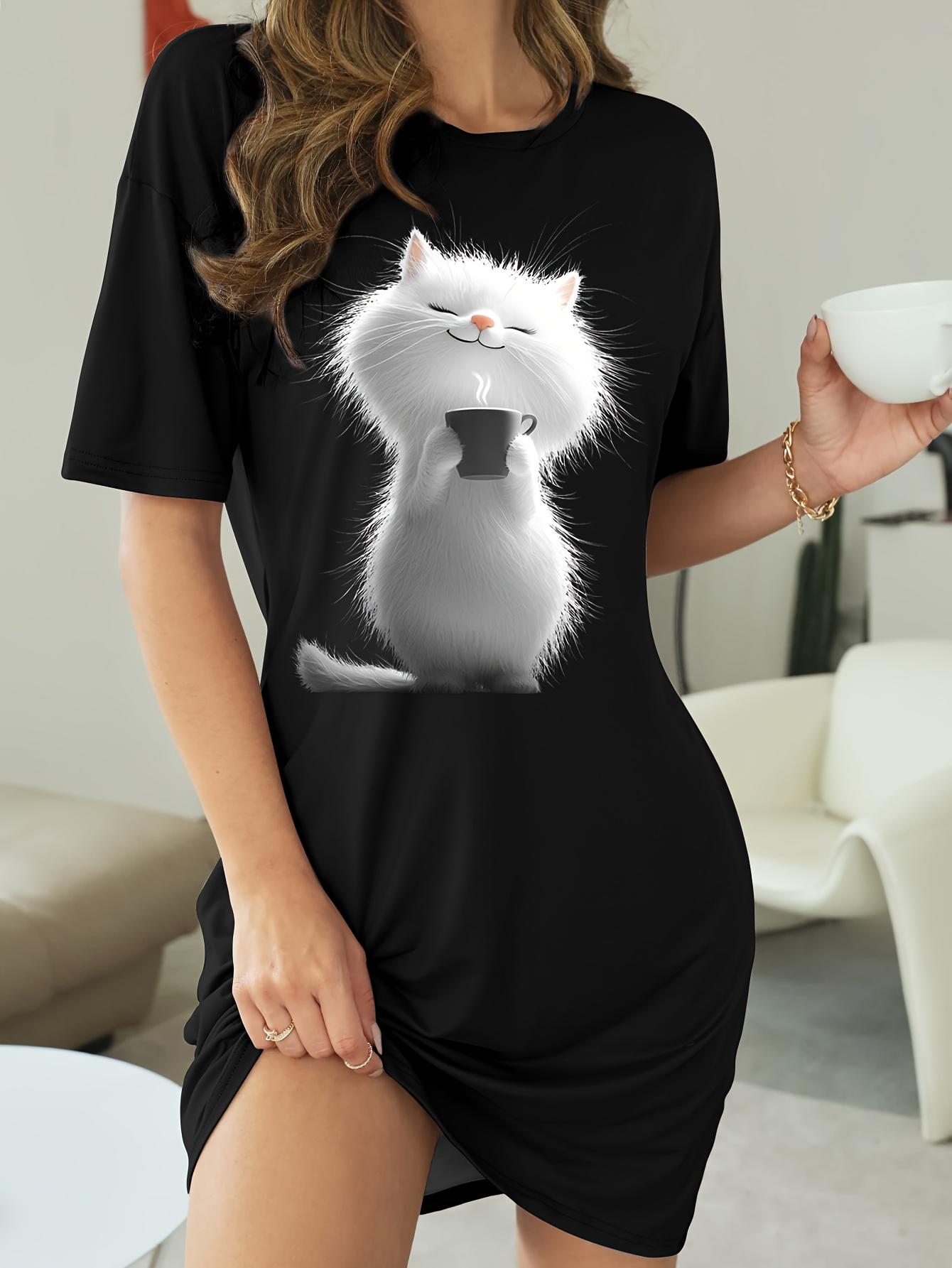 

Women s Casual White Coffee-Drinking Cat Print Round Neck Black Dress. Soft Breathable Fabric. Machine Washable. All-Season Comfort. Perfect Gift for L дубильная кора