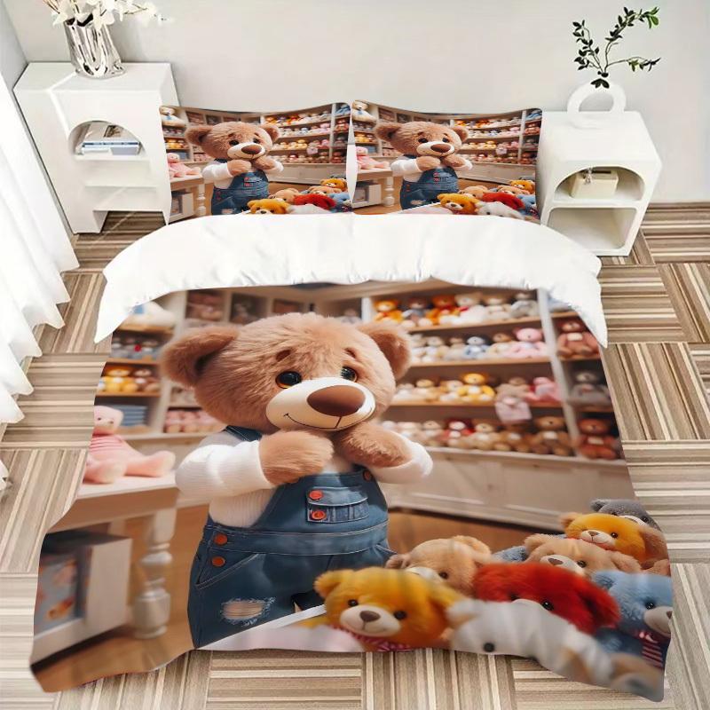 3pcs Teddy Bear Bedding Set - Includes One Quilt Cover and Two Pillowcases (No Core) - Anime Cartoon Design, Polyester Fabric, Suitable for