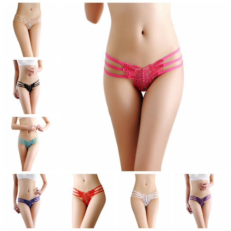 Fashion New Lady Sexy Solid Color Lace Hollow Thin Belt Perspective Butterfly Woven Thong