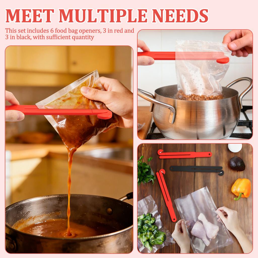 6Pcs Food Bag Opener with Stainless Steel Blade Quick Cut Food Packet Pouch Cutter Squeezer with Suction Cup and Hanging Chain