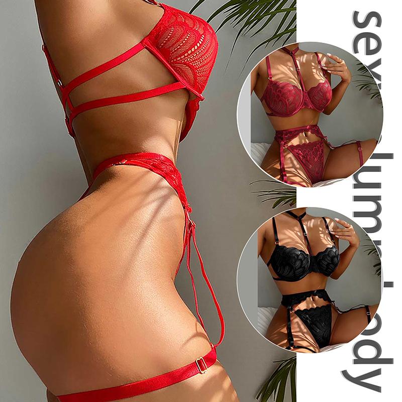 Women Sexy Solid Perspective  Underwear Set Lace Lingerie Set Lady'S Bra And Panty Garters See Through Lingerie Sets