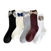 Bow Socks Versatile Stacked Socks Long Season Solid Color Double Needle Cotton Socks Gray Mid-Leg Socks