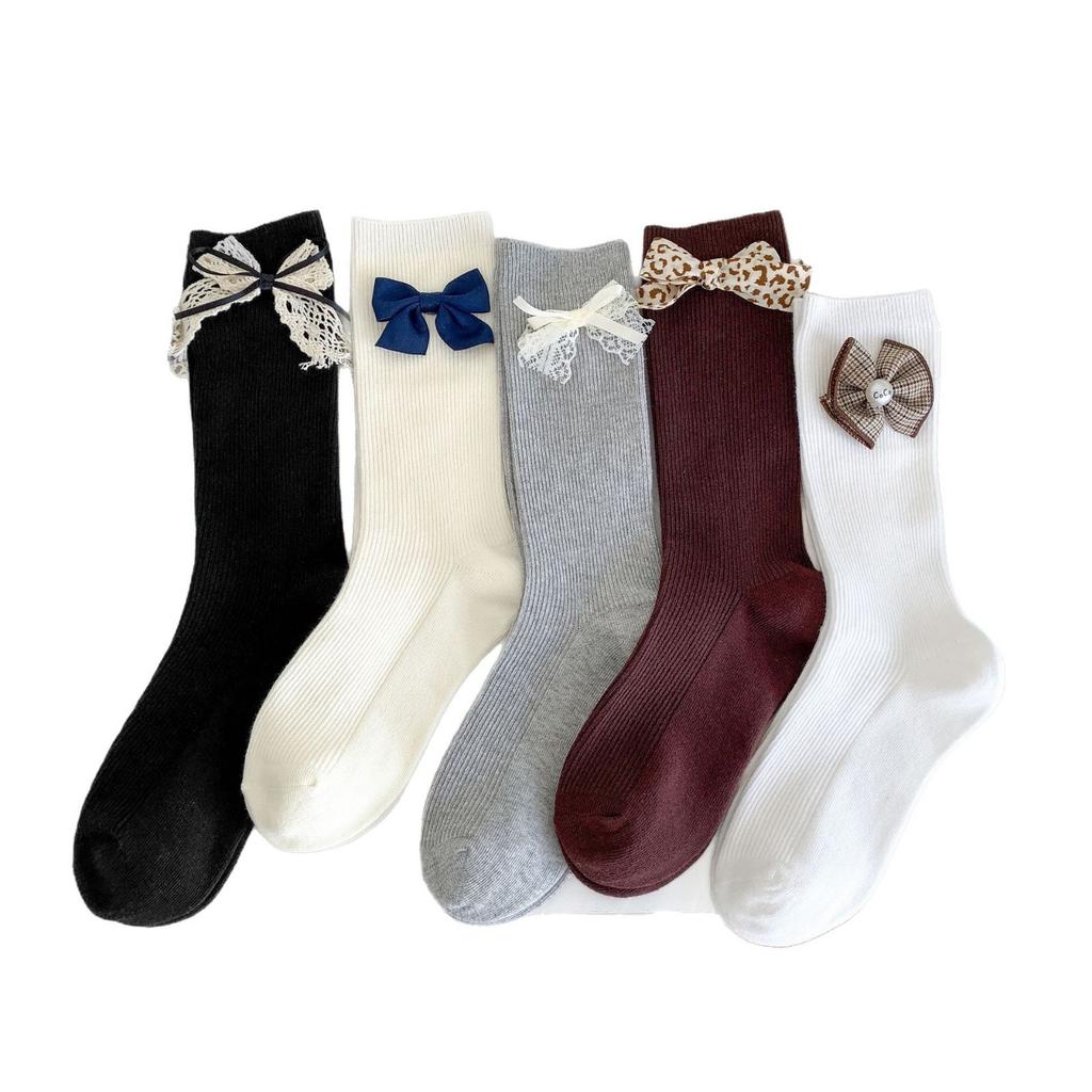 Bow Socks Versatile Stacked Socks Long Season Solid Color Double Needle Cotton Socks Gray Mid-Leg Socks