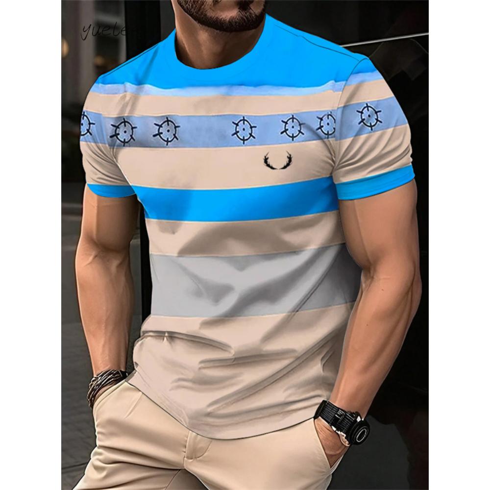Fashion Striped Printed Men's T-Shirt Summer Breathable Men's Clothing Casual Loose Men Tops Versatile O-Neck Men Short Sleeved