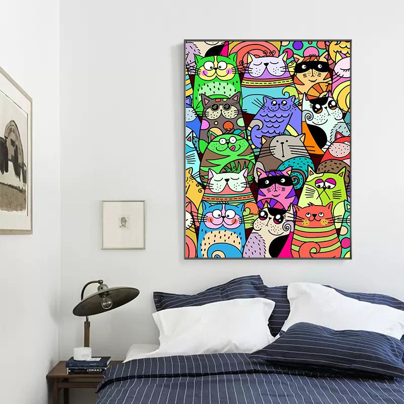 Funny Cartoon Crowded Cat Plakát Abstraktní Malba na plátně Barevné Roztomilé zvíře Kawaii Nástěnné umění pro dětský pokoj domácí dekorace