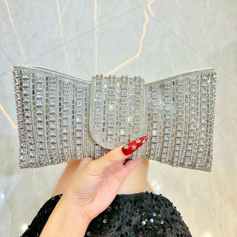 2025 Luxury Premium Full Color Big Diamonds Evening Clutch Bag Ladies Rhinestone Bow Shape Handbag Wedding Party Shoulder Bag