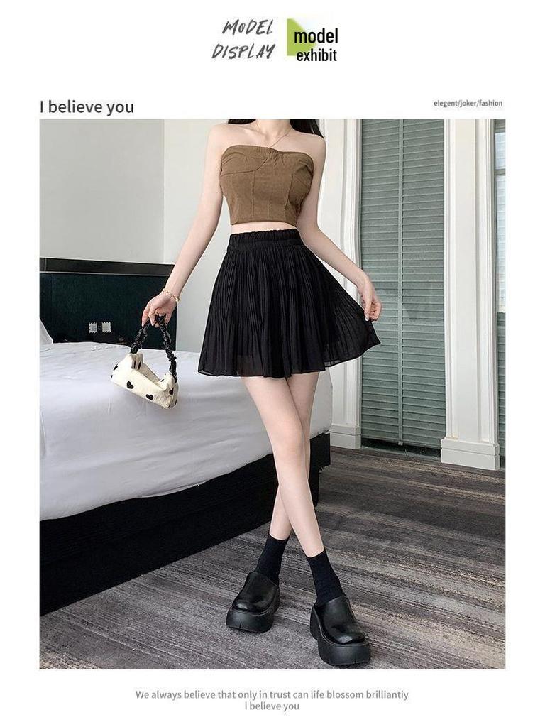 Women's Elastic Waist Pleated Chiffon Mini Skirt - Anti-Exposure, Slimming, Age-Reducing, Versatile Loose Fit for Spring/Summer.