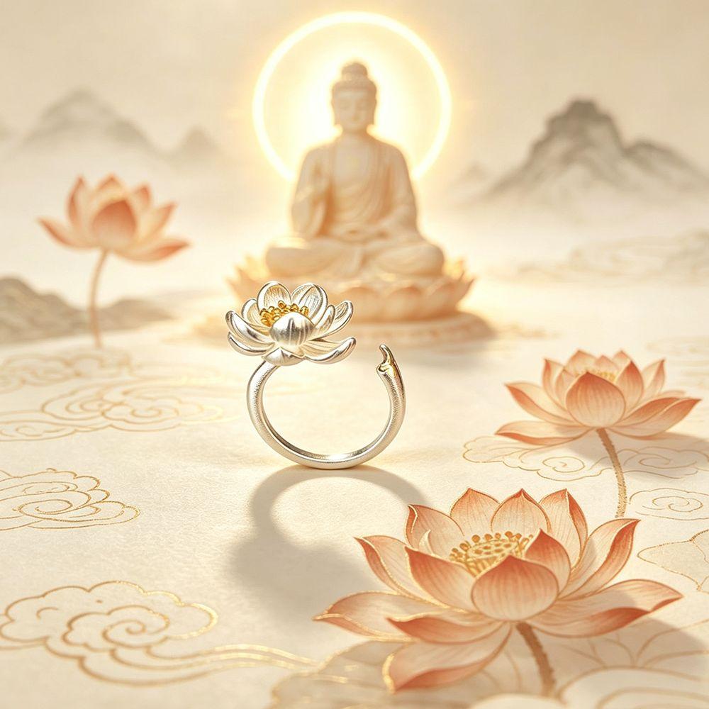 Adjustable Blessing Ring Open Size Fashion Ring New Chinese Style Lotus Flower Ring  Women