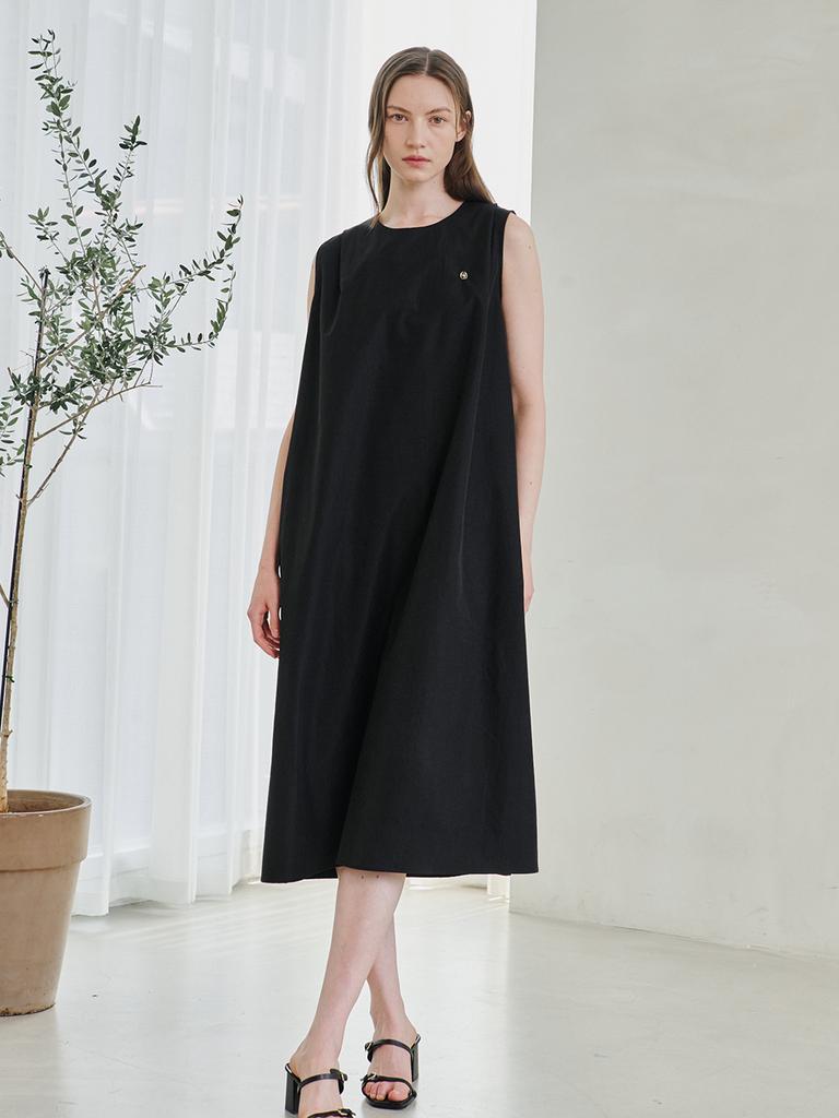 Nub Round Neck Sleeveless Belted Dress - Black