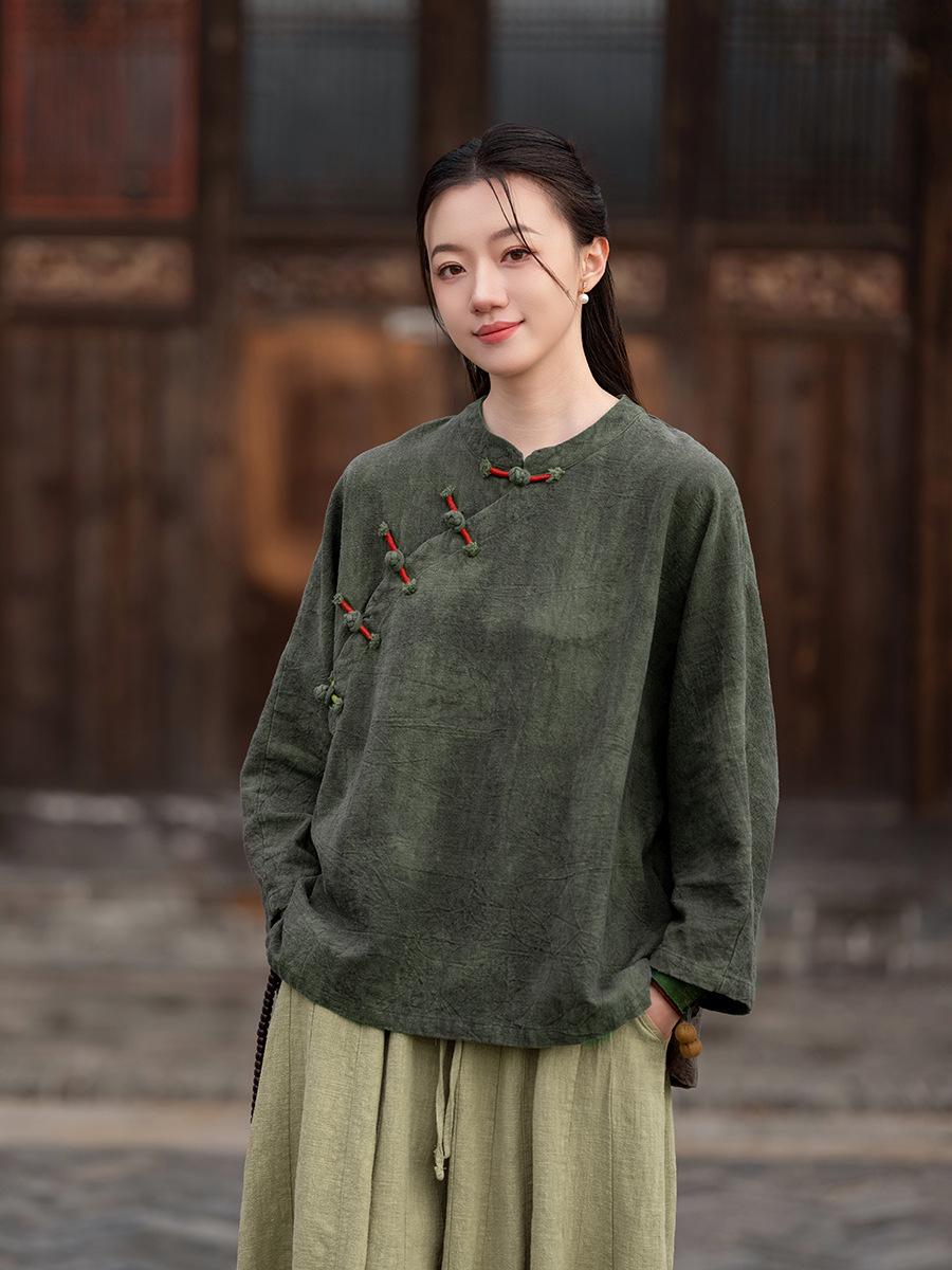 

Women s Retro Autumn Sand Washed Ramie Stand Collar Ombre Top with Oblique Placket & Frog Buttons One Size