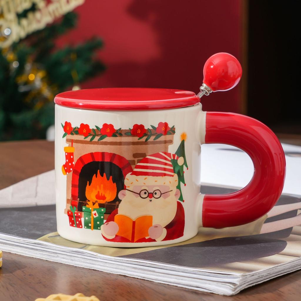 Christmas Gift Mug with Lid Spoon Santa Cup Christmas Eve with Small Gifts for Employees and Customers