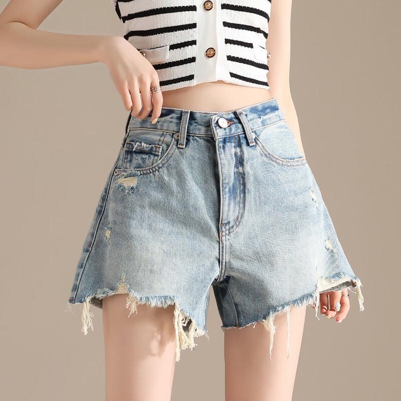 RAIN.CUN Women's High-Waist Ripped A-Line Denim Shorts