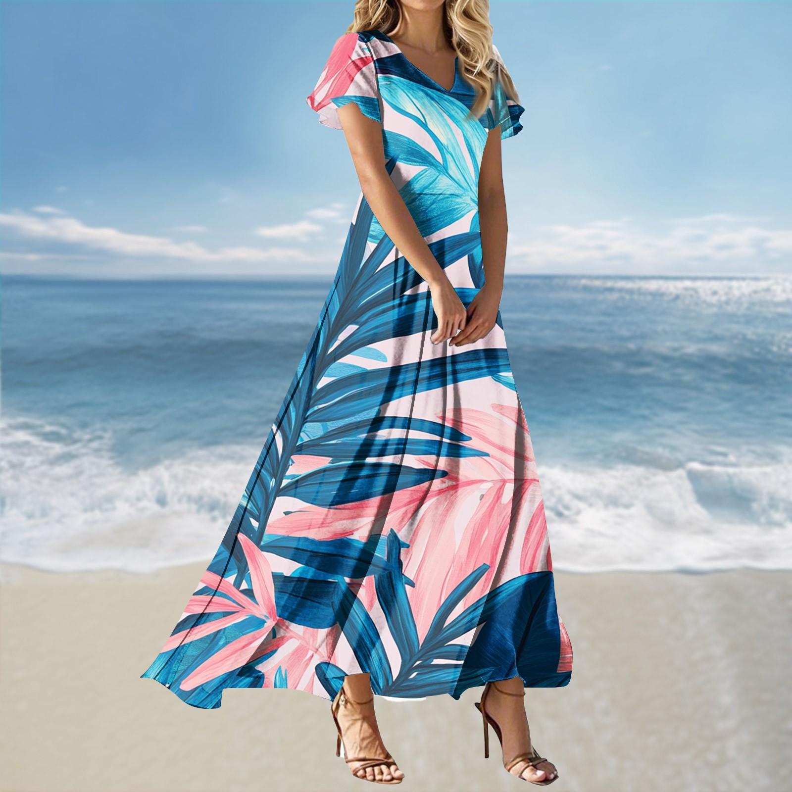 

Женское свободное повседневное платье с V-образным вырезом, короткими рукавами, завышенной талией и принтом L синий