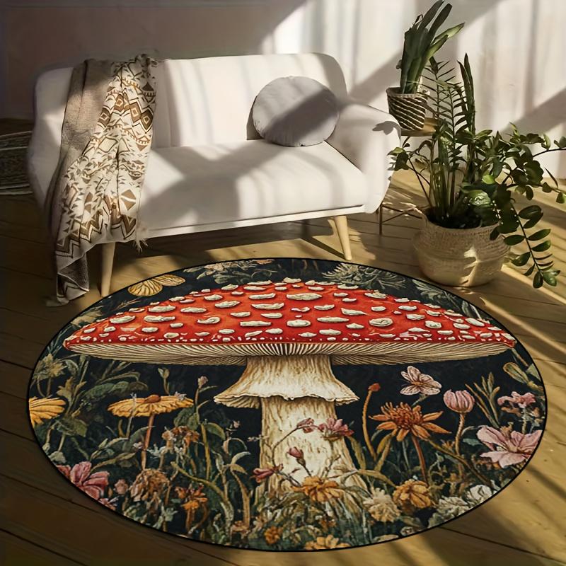 Luxurious Vibrant Mushroom Floral  Pattern Round Shape Floor Mats Kitchen Hallway Runner Rug Bedroom Living Room Soft Carpet Non-slip Area Rug