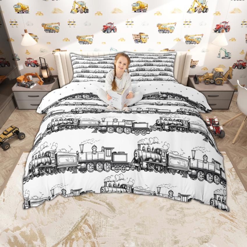 Homewish Zestaw poszewki na kołdrę dla dzieci z kreskówkowym samochodem 2 szt./3 szt., Urocza pościel z motywem pociągu, ciężarówki, traktora, Pościel z motywem transportu