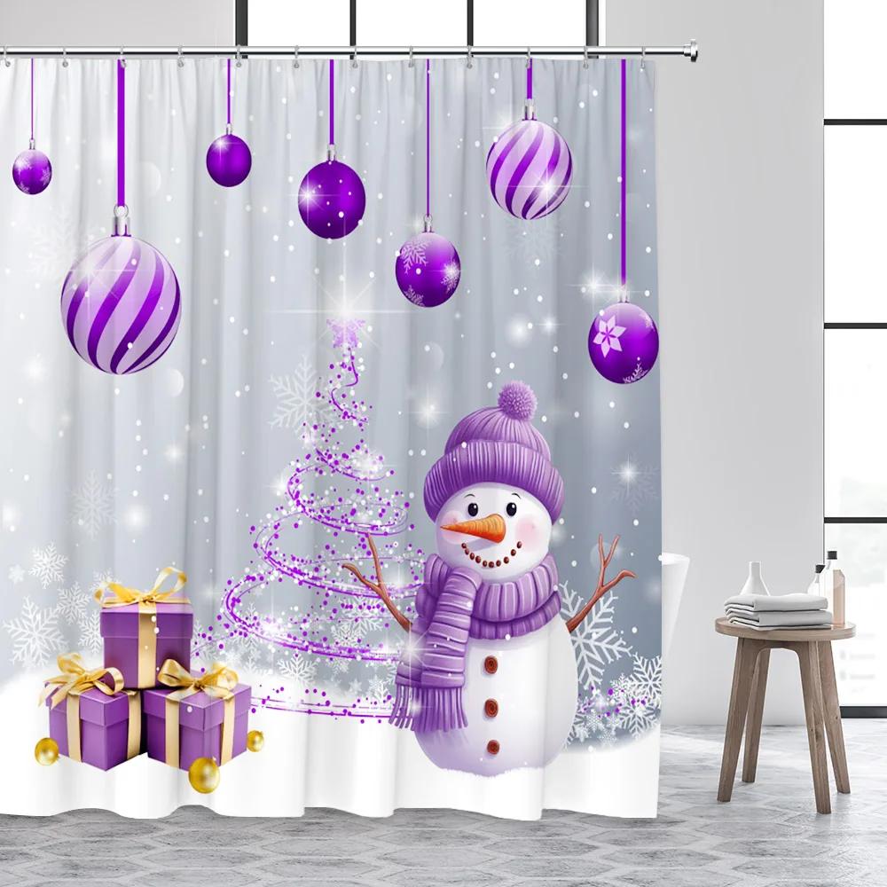 Cute Snowman Christmas Shower Curtains Blue Xmas Tree Rope Ball Gift Snowflake Winter Scenery Fabric Home Bathroom Curtain Dec