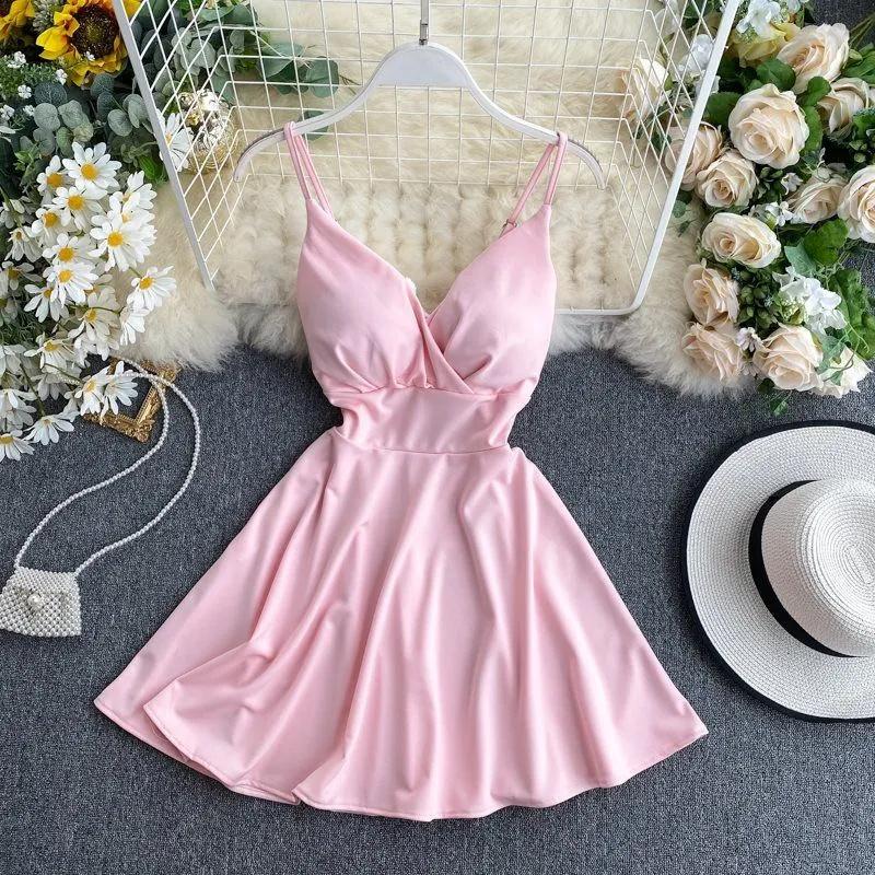 V-neck, Backless, High-waisted, Slimming Color Suspender Dress, A-line Dress One Size розовый