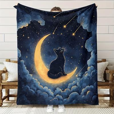 Cat, Moon, Stars Pattern Flannel Printed Blanket Suitable for All Seasons Suitable for Living Room Office Sofa and Travel