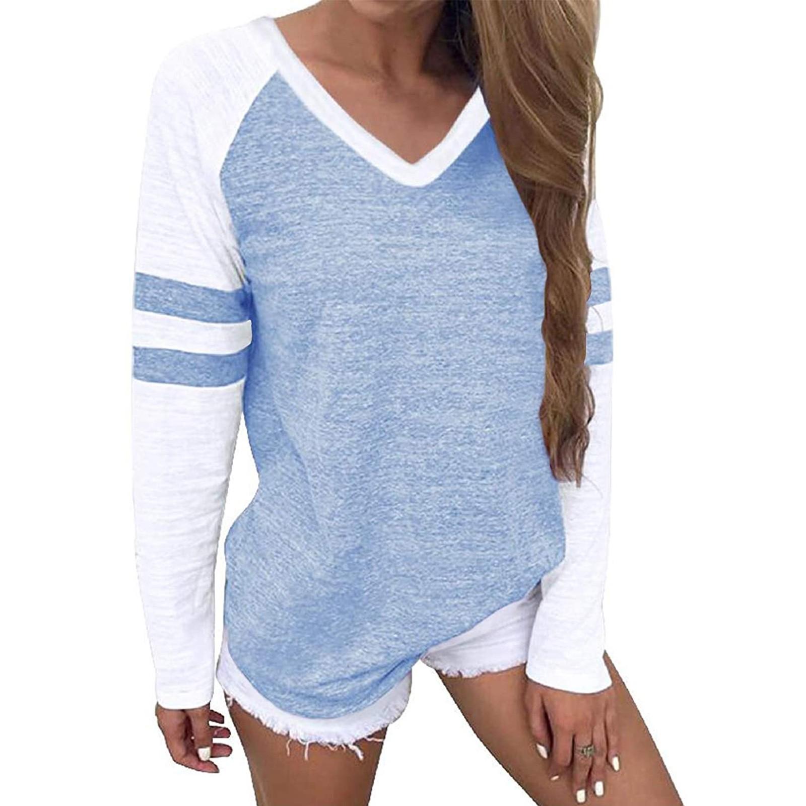 

Fashion Women s V-collar Splicing Long Sleeves Leisure Time Tops Blouses L синій