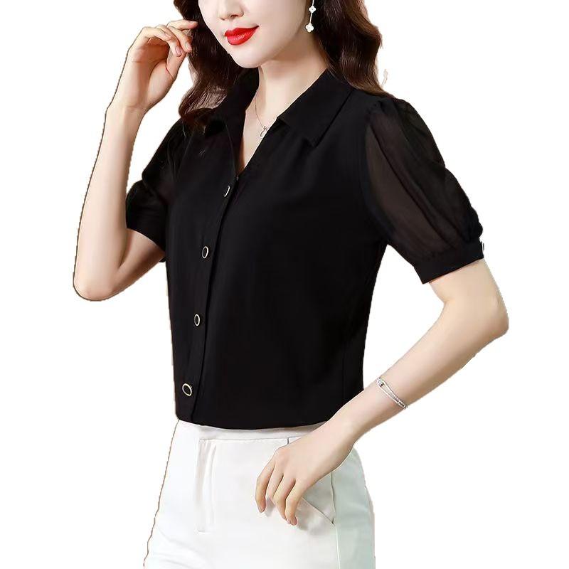 Women's short-sleeved chiffon splicing top women's summer new black foreign style age-reducing meat-covering and thin shirt women
