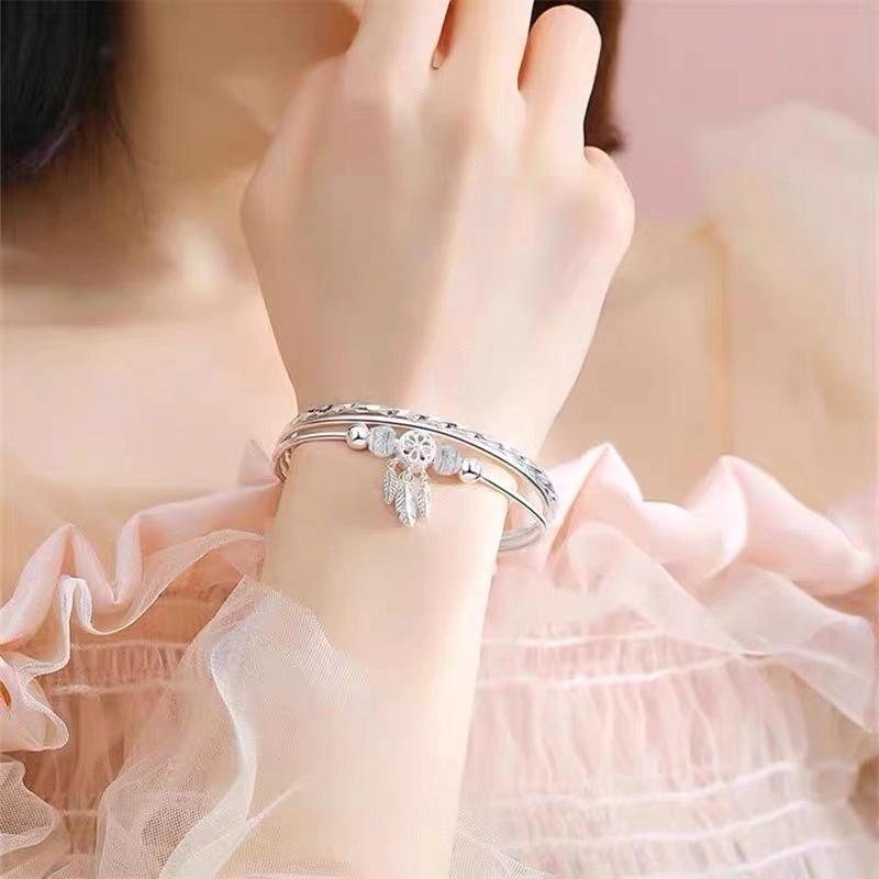 Fashion 925 Sterling Silver Dreamcatcher Tassel Feather Charm Bracelet Bangle for Women Elegant Jewelry