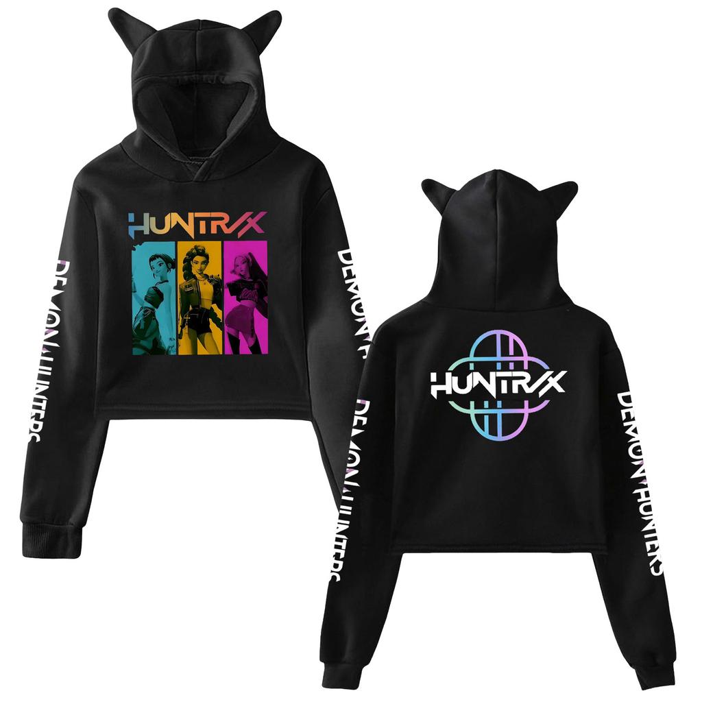 Kpop Demon Hunters Crop Tops Cat Ears 2 Sided Long Sleeve Crop Tops Girls Fashion Hoodie