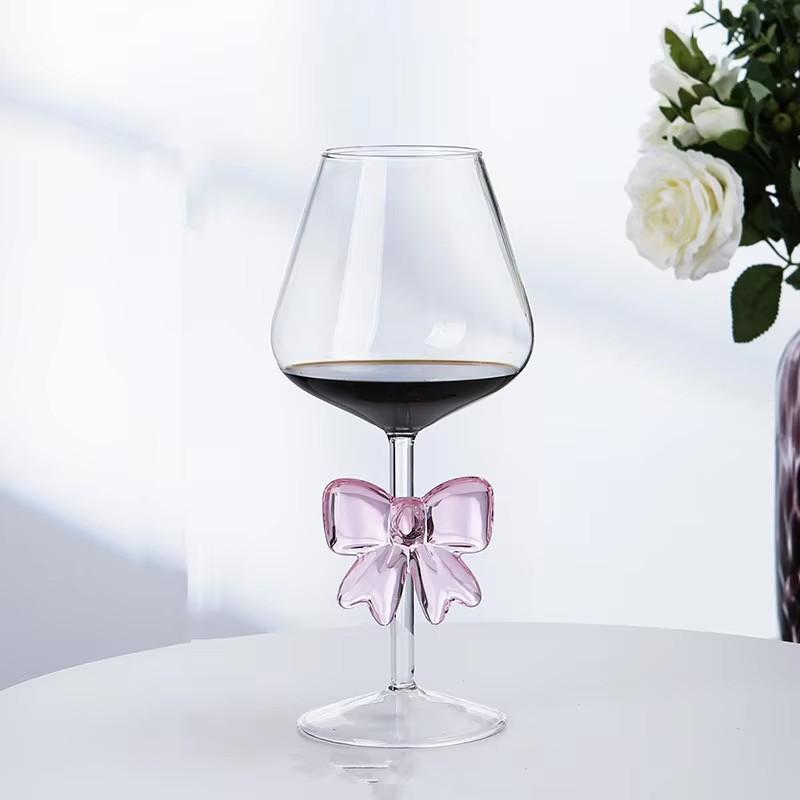 Pink Bow Glass Mug Decor Glass Cup Goblet Bow Handle Glasses Wine Cocktail Glass Dessert Ice Cream Bowl Drinking Glass