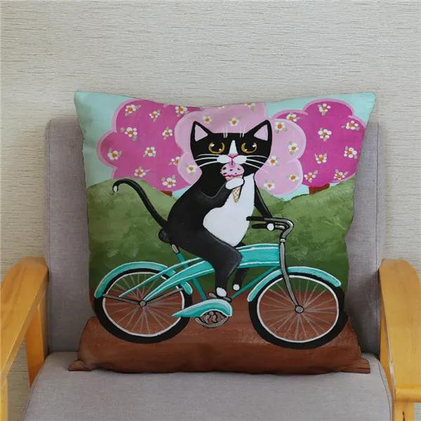 Cartoon Cycling Cat Print Cushion Cover Super Soft Pillowcase 45x45  Home Decor